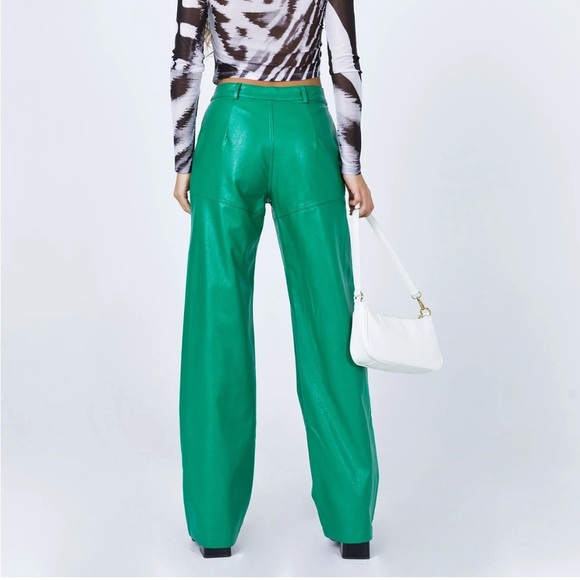 Princess Polly Ashlea Faux Leather Pants Green Mid Rise Light Flare Trousers - Picture 3 of 16